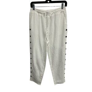 Elastic Waist Pull On Pants White Black Button Details Tapered Drawstring Casual